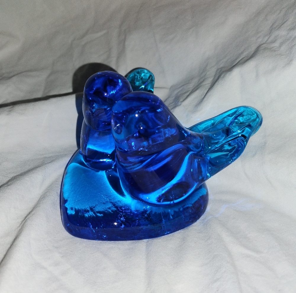 Vintage Blue Glass Bluebirds Of Happiness Signed Figurine Leo Ward 1994 Decor